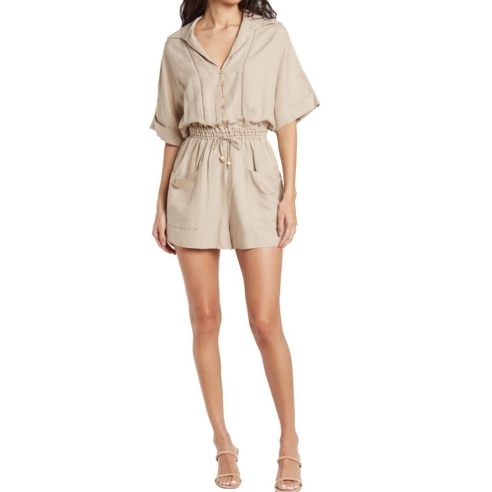 NWT BlankNYC Linen Blend Short Sleeve Button Front Romper Tan